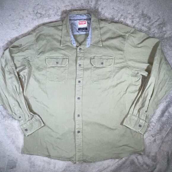 Wrangler Men Button Up Shirt 2XL Green Long Sleeve Pockets Collar Flex Comfort - Picture 1 of 10